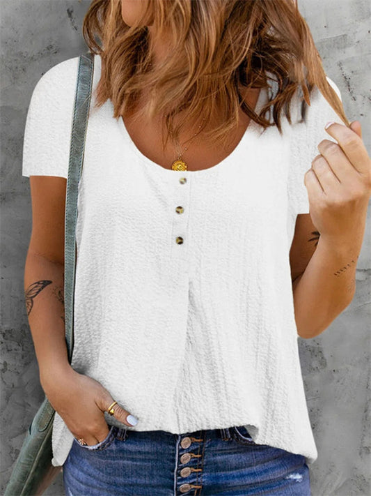 Solid Color Short-sleeved Round Neck Shirt Cotton Linen Shirt Women's White Black Pink Gray Blue