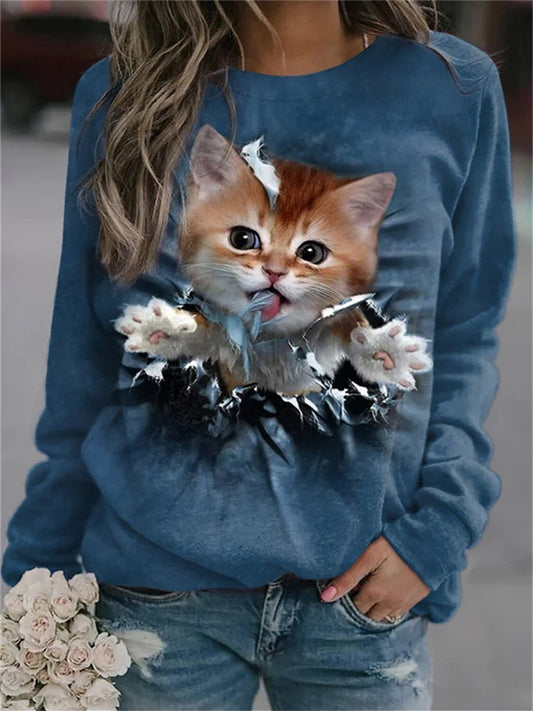 Women's Spring Casual Animal Cat Print Long Sleeve Round Neck Sweatshirt