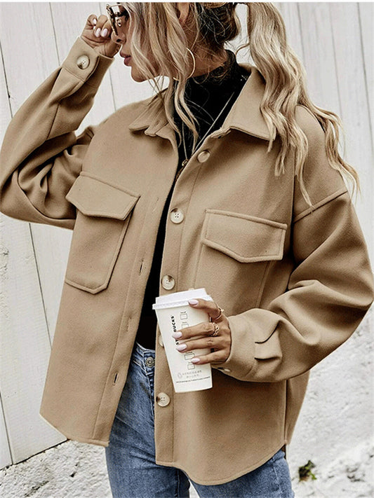 Women's Fall and Winter Lapel Single-breasted Thickened Solid Color Tweed Loose Jacket