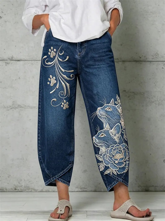 New Arrival 3D-Printed Casual Pants Summer Loose-Fit Straight-Leg Cropped Pants