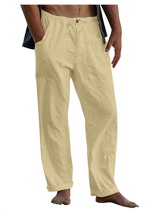 Men's Solid Color Linen Pants Yoga Beach Loose Casual Summer Stretchy Waist Drawstring Loose Pants with Pockets
