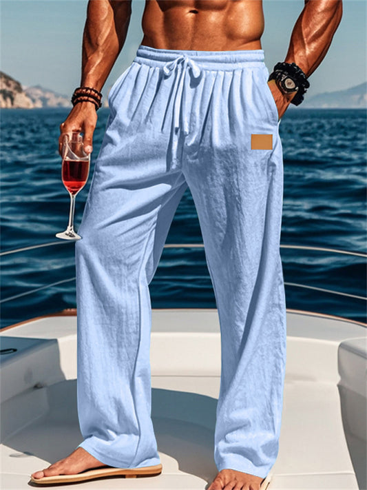 New European and American-style Lightweight Beach Casual Drawstring Men's Cotton-linen Straight-leg Pants for All Seasons