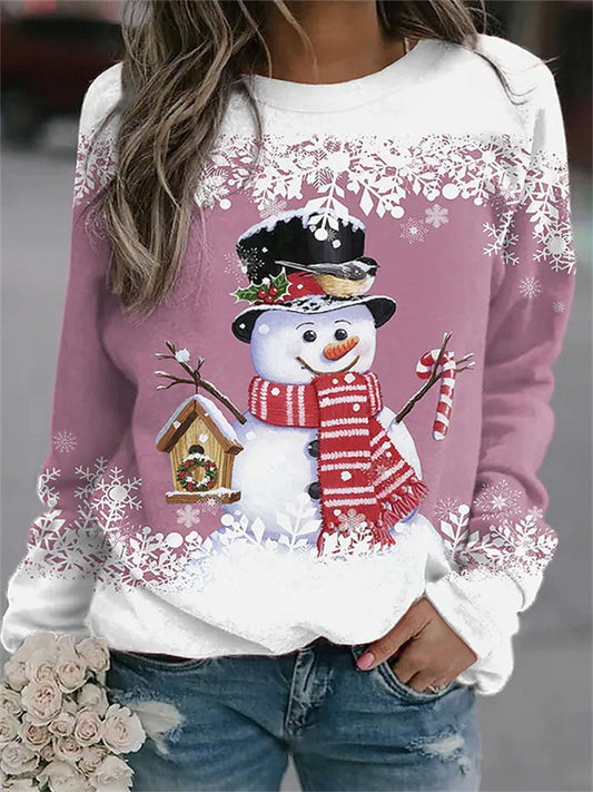 Women's New Christmas Snowman Print Long Sleeve Casual T-Shirt