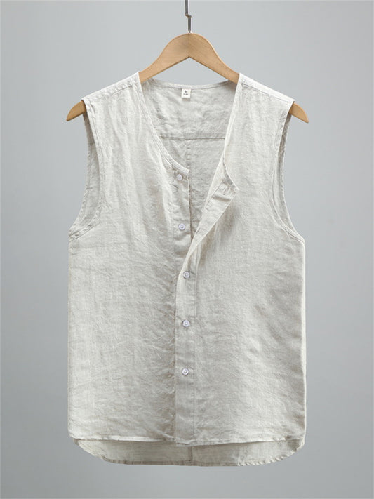 Summer Solid Color Linen Vest Undershirt Men's Sleeveless Washed Linen Thin Section Shirt