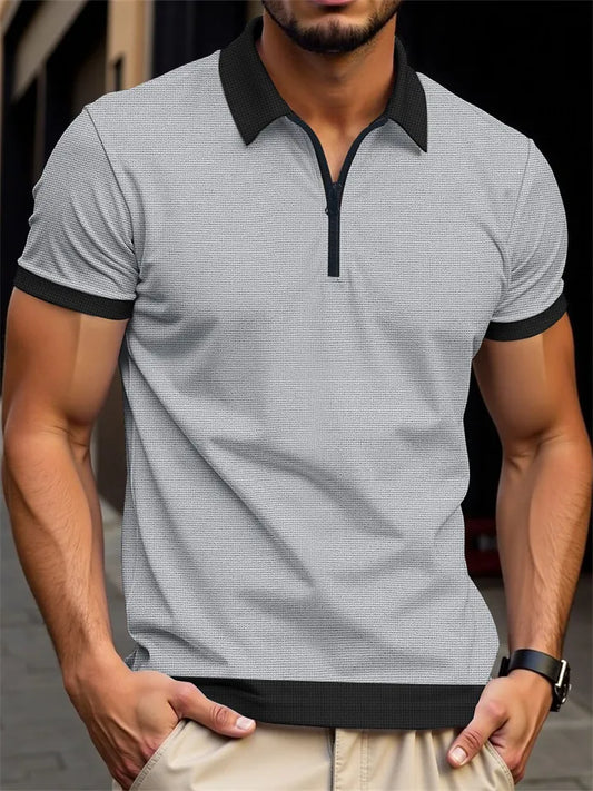 Men's Waffle-Weave Casual Spring/Summer Zipper Short-Sleeve Polo Shirt