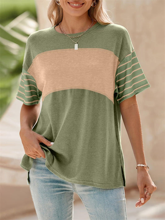 Women's New Spring Summer Round-Neck Casual Striped Color-Blocked Short-Sleeve T-Shirt