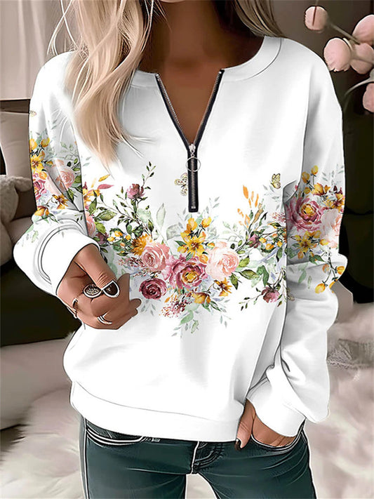 New Women's Explosion Botanical Floral Print V-neck Long Sleeve Pullover Loose Type Comfortable Casual Sweatshirt