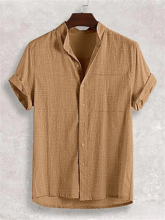 Men's Linen Notched-Collar Short-Sleeve Solid-Color Casual Open-Front Cotton-Linen Shirt