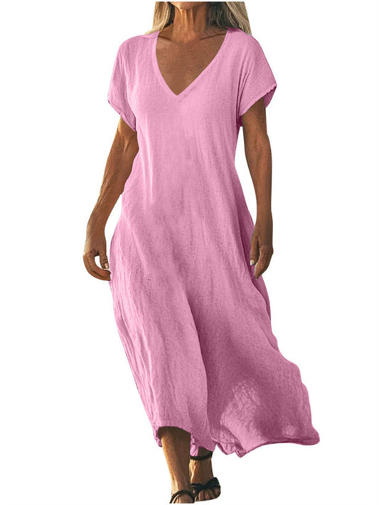 Women's New Summer Cotton-Linen Blend V-Neck Short Sleeve Loose Dress S-5XL