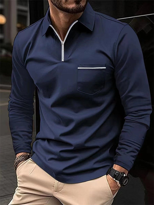 Men's Spring and Fall Long-sleeved Polo Shirt Zipper Pocket Men's Sports Long-sleeved Shirt