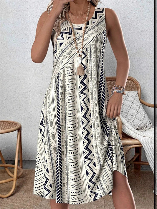 New Summer Women's Striped Casual Loose-Fit Blue Midi Dress