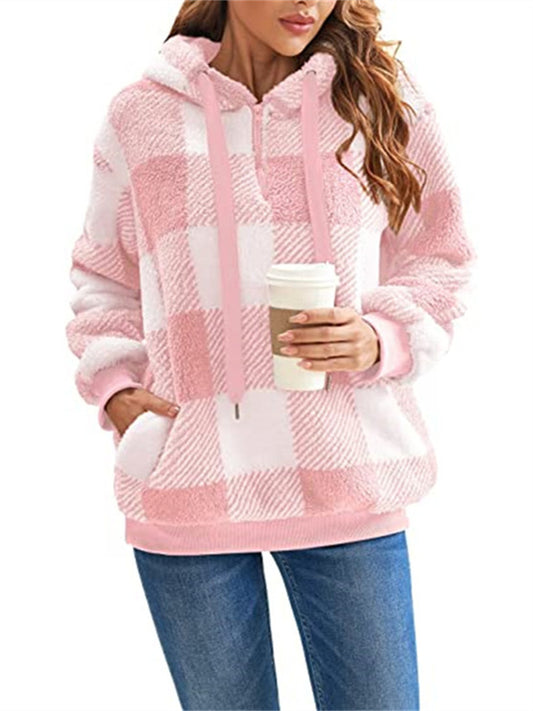 Women's New Arrival Long-Sleeve Hooded Plaid Fleece Sweatshirt for Fall/Winter