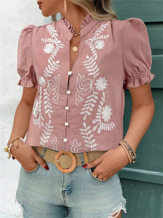 Women's Summer 100% Cotton Embroidered Button-Down Puffed-Sleeve Short-Sleeve T-Shirt