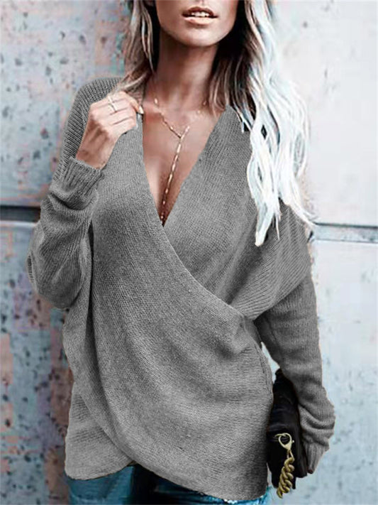 Gray V Neck Long Sleeve Sweater