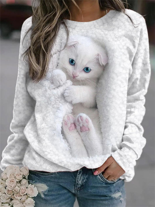 Spring and Summer Animals Loose Print Long Sleeve Round Neck Sweater White Blue Green Pink