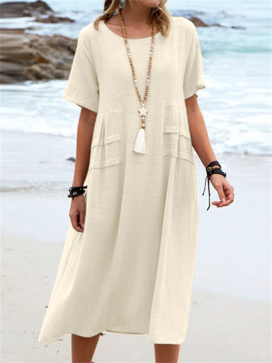 Women's Summer Loose Casual Cotton and Linen Solid Color Round Neck Short-sleeved Mid-length Dresses