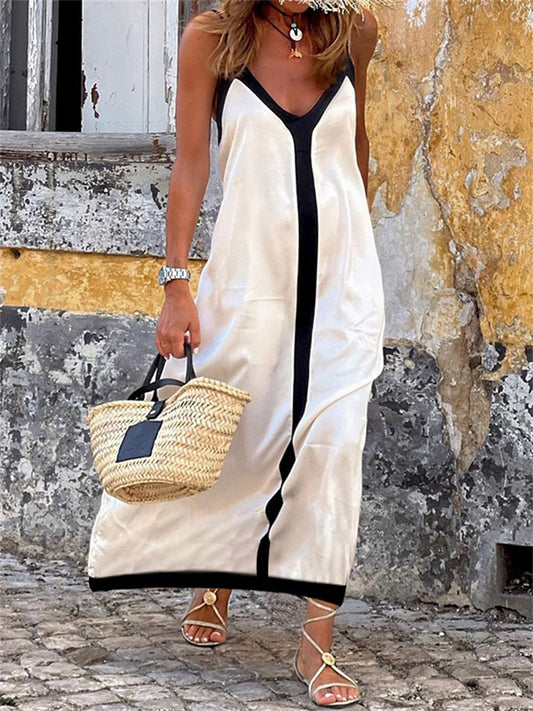 Summer New Style Women's Fashion Color-block Strapless Mid-length Dress