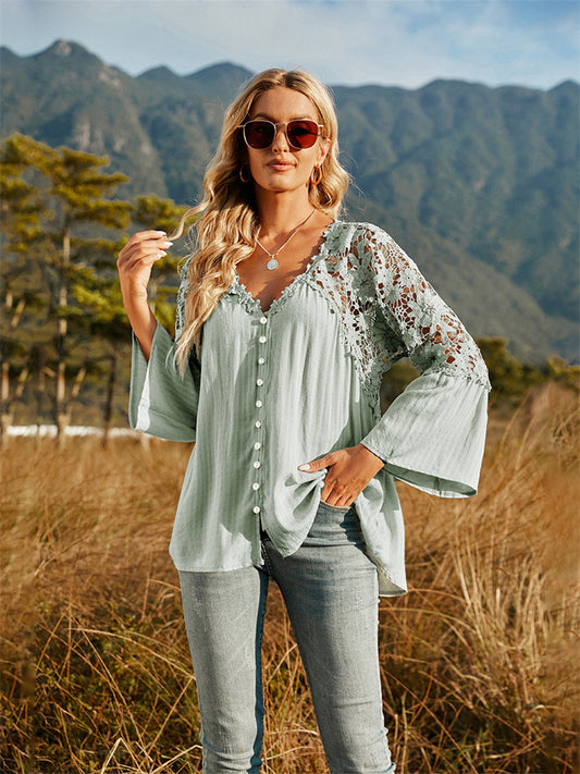 Loose Big Yards Lace Shirt Ruffle Sleeve Women Seven Minutes Sleeve Long Sleeve Pure Color Deep V Set Head Loose Type Commuter Wind Chiffon Shirt