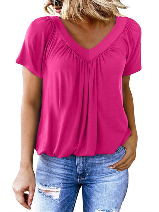 Women's T-shirt New Casual Pleated Solid Color V-neck Short Sleeve T-shirt