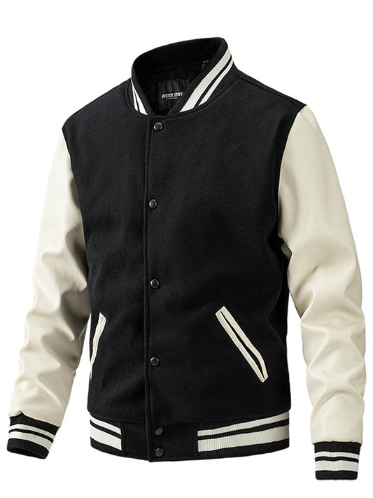 Men's Fall/Winter Fashion American Baseball Jacket Men's Woolen PU Sleeve Coat