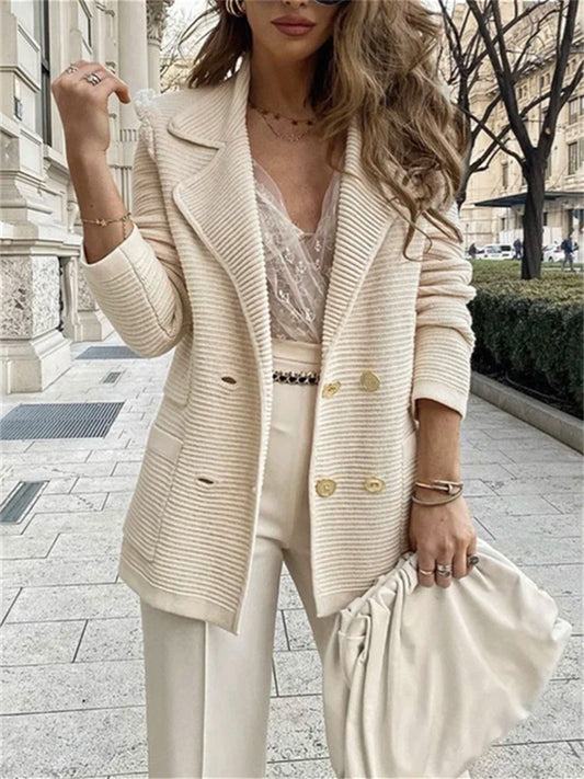 Autumn and Winter New Solid-color Lapel Long-sleeved Pit Stripes Comfortable Casual Cardigan Jacket Intellectual Style Women's