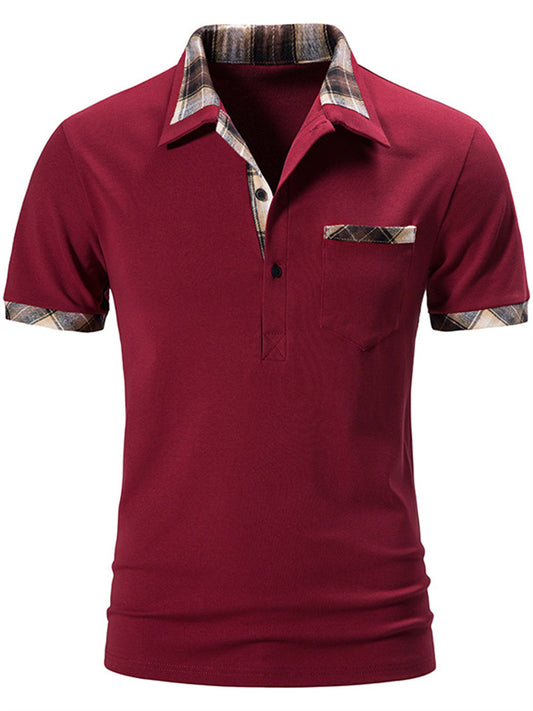 New Men's Short-sleeved Basic Models Lapel Polo Shirt Men's Plaid Color Blocking T-shirt Casual Fashion Urban Style Tops