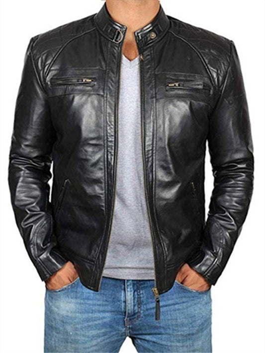 Men's Jacket Faux Leather Jacket Biker Jacket Motorcycle Jacket Thermal Warm Windproof Rain Waterproof Outdoor Daily Zipper Stand Collar Streetwear Casual Jacket Outerwear Solid Color Full Zip Black