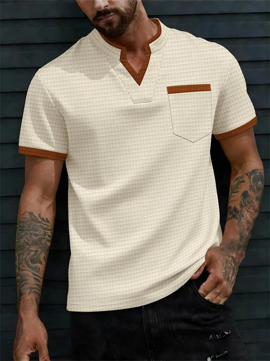 New Arrival Men's Casual T-Shirt: Large Checkered V-neck Short-Sleeve Fashion T-Shirt