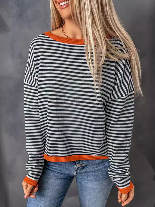 Women's Fall and Winter Round Neck Striped Colorful Long-sleeved Casual Sweater Loose