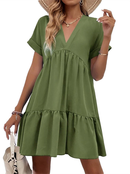 Women's Summer New Ladies Ruffled Hem Solid Color V-neck Short-sleeved Dresses