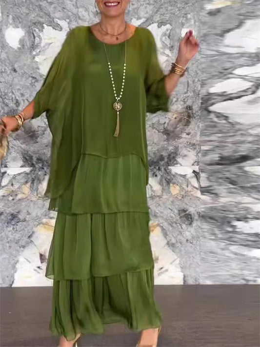 Women's Fashion New Chiffon Mesh Bat Sleeve Round Neck Long Dresses Five-quarter Sleeve Cake Skirt