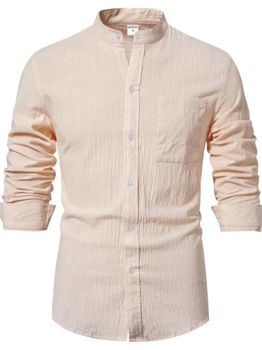New Men's Cotton and Linen Long-sleeved Shirt Men's Long-sleeved Solid Color Shirt