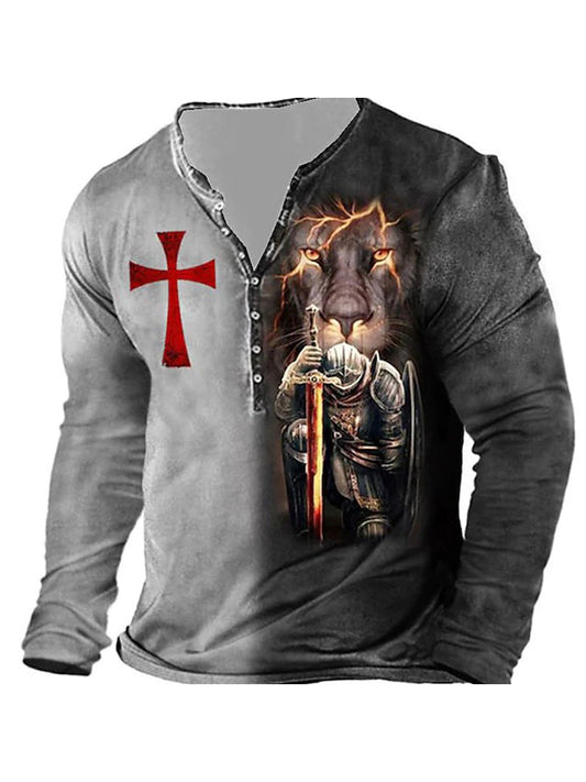 Men's Henley Shirt T shirt Tee Tee Graphic Templar Cross Cross Henley Blue Purple Yellow Gray 3D Print Plus Size Outdoor Daily Long Sleeve Button-Down Print Clothing Apparel Basic Designer Classic
