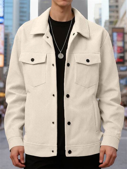 Corduroy Casual Sportswear Jacket for Men with Lapel Collar and Long Sleeves