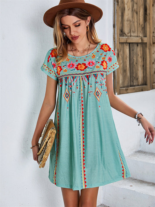Casual Vacation Dress Loose Short Dress Printed Short Sleeve Dress Green Black S M L XL
