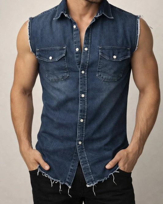 Denim T-shirt Men's Lapel Sleeveless Cardigan Tops Muscle Vests | JRSEE:d785cc87-ac5f-46c1-af17-80d6e3272426