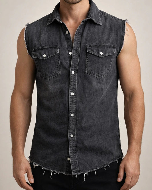 Denim T-shirt Men's Lapel Sleeveless Cardigan Tops Muscle Vests | JRSEE:7455010b-ff5a-48f1-b8ac-5113c3c165fd