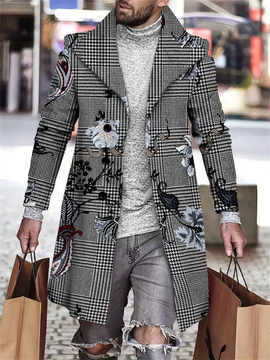 Men's Coat - New Fall/Winter Style - Woolen Mid-Length Print Casual Lapel Collar Jacket
