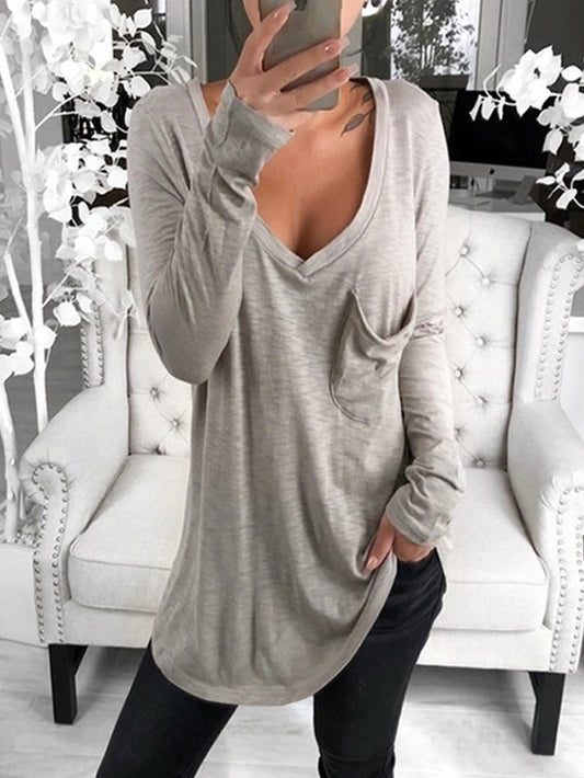 Spring and Autumn Sexy V-neck Loose Pocket Long Sleeve Bottomed T-shirt