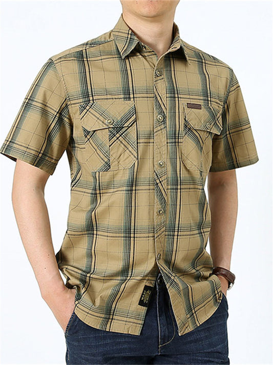 Plaid Printed Short-sleeved Shirt Men's Cotton Casual Big Yards Loose Plaid Lapel Shirt Thin Section of The Top Cardigan