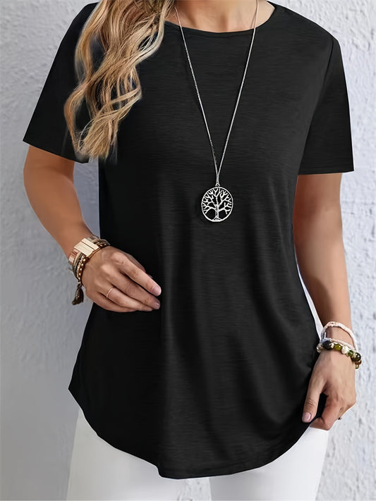 Summer New Arrival Solid Color T-Shirt with Elegant Back Button Round Neck