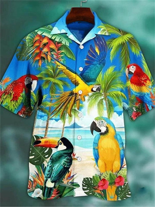 Men's Shirt Parrot Hawaiian Graphic Shirt Animal Turndown Sea Blue Green Blue Purple Red Outdoor Street Short Sleeve Button-Down Clothing Apparel Fashion Designer Casual Breathable