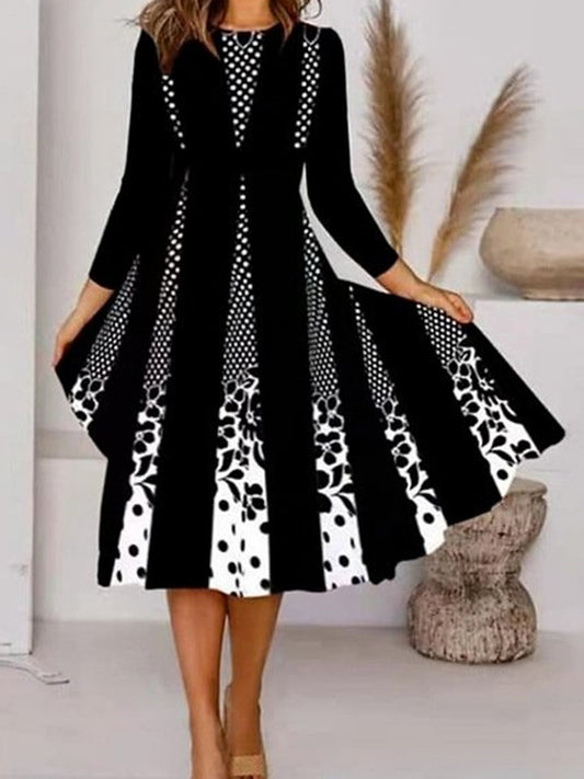 Printed Round Neck Long Sleeve Dress Black Dresses