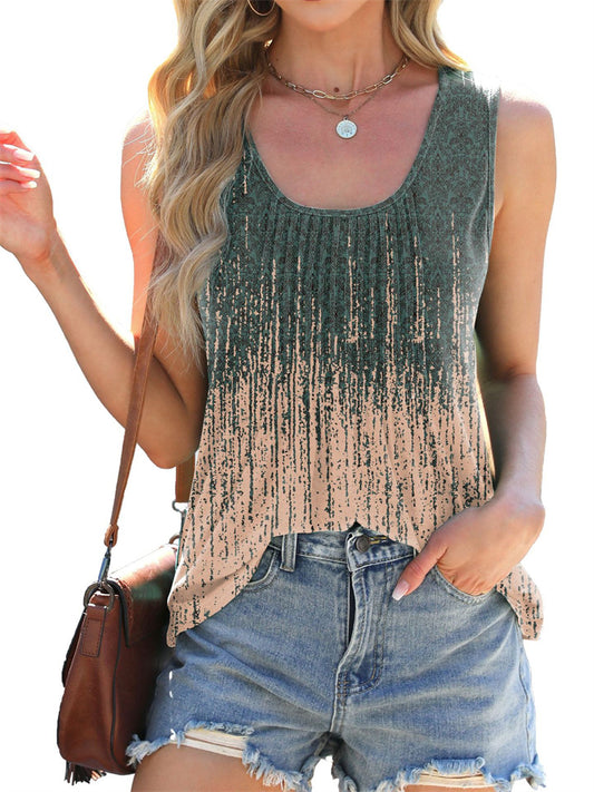Women's Summer New Round Neck Tie-dye Printing Loose Sleeveless T-shirt Undershirt Tops
