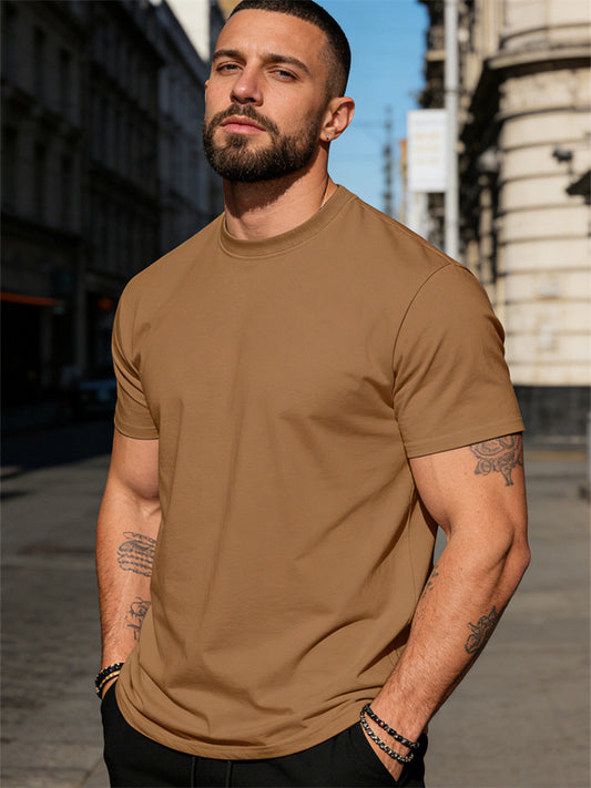 Summer Solid Color Round Neck 100% Cotton Casual Sports T-Shirt Short Sleeve