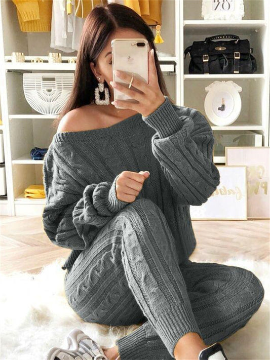Women's Sweater Set Jumper Cable Knit Solid Color Crew Neck Stylish Casual Outdoor Home Winter Fall Black Blue S M L
