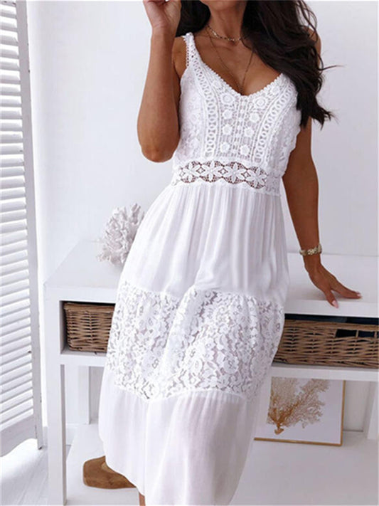 New Sexy Lace Stitching Halter Beach Dress Dress