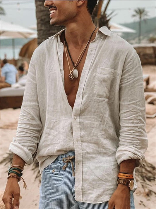 Men's Linen Shirt Summer Shirt Turndown Spring & Summer Long Sleeve Black Dark Gray Apricot Plain Holiday Vacation Clothing Apparel