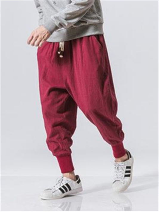 Men's Joggers Linen Pants Trousers Summer Pants Beach Pants Pocket Drawstring Baggy Plain Breathable Sports Daily Holiday Linen / Cotton Blend Chinoiserie Hippie Black Wine