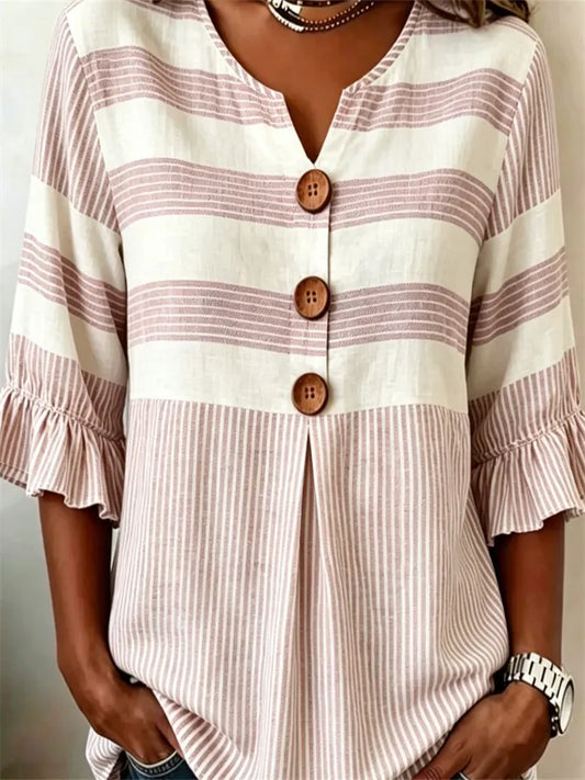 Women's Lace-Trimmed Short-Sleeve Casual Loose-Fit Striped Shirt